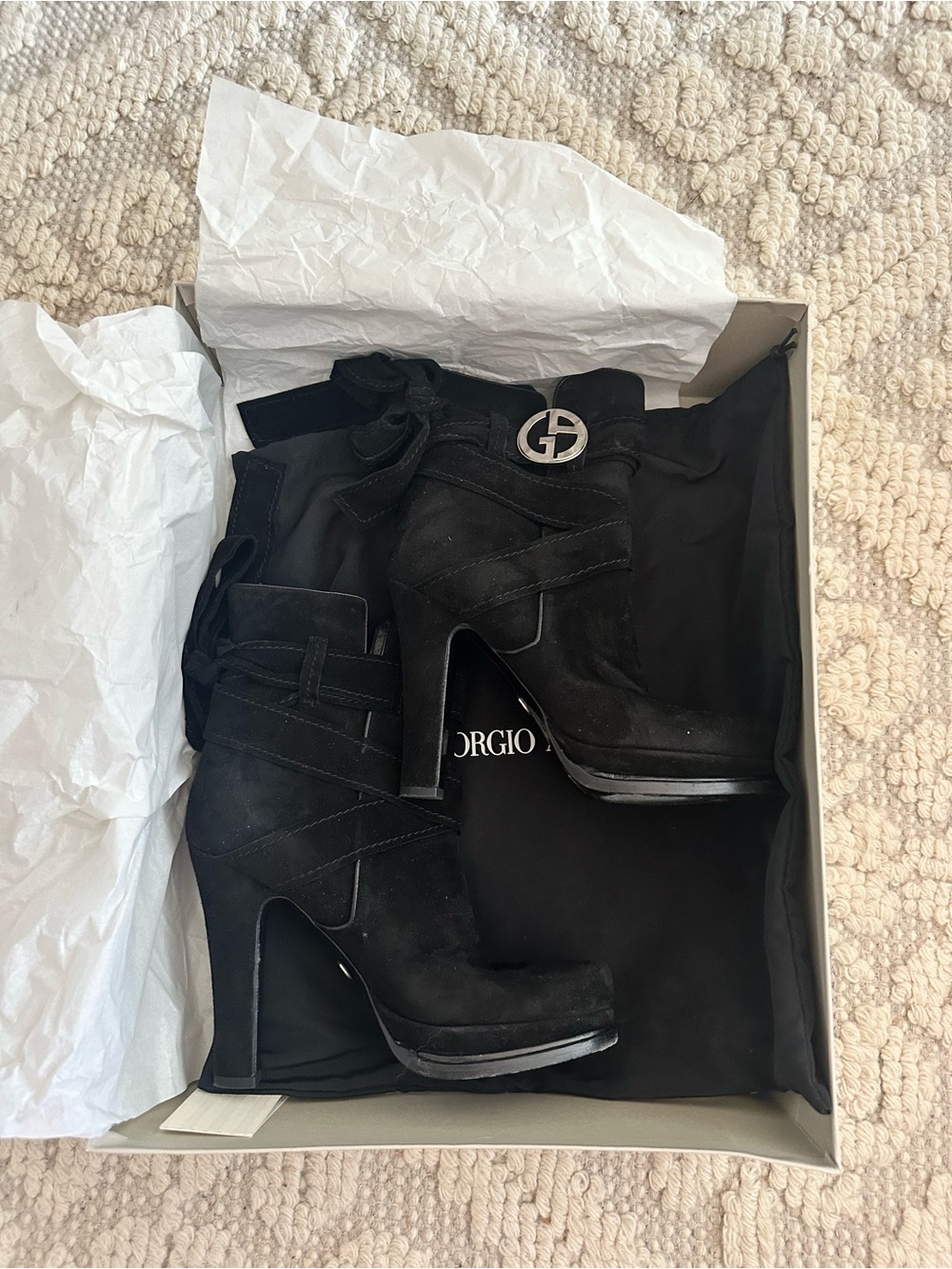 Giorgio Armani Black Suede Platform Ankle Boots with Logo Accent Size 37